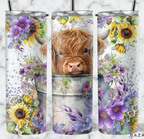 Floral Highland Cow Tumbler