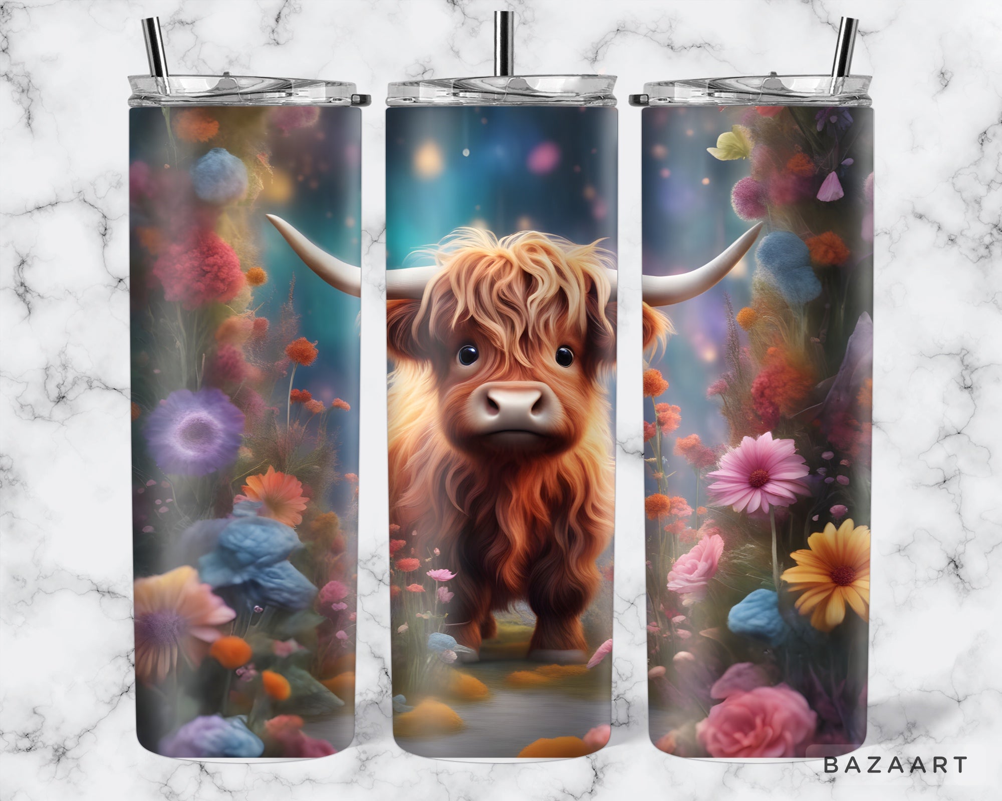 Bright Floral Highland Cow Tumbler