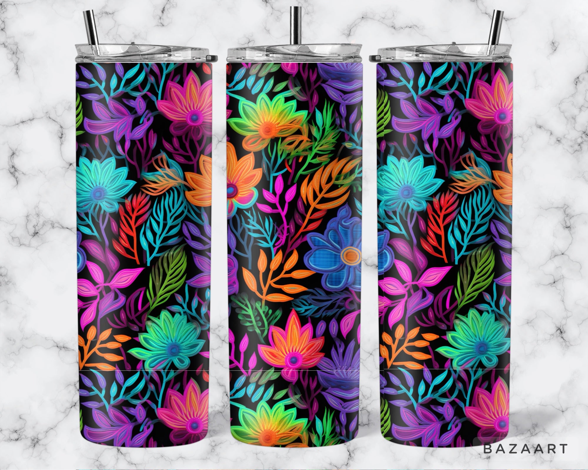 20oz Neon Rainbow Flower Tumbler